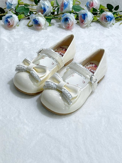 Sweet Beige Lolita Low Heels - Round Toe Design with Ruffled Detailing, Heart Fastener & Delicate Bow