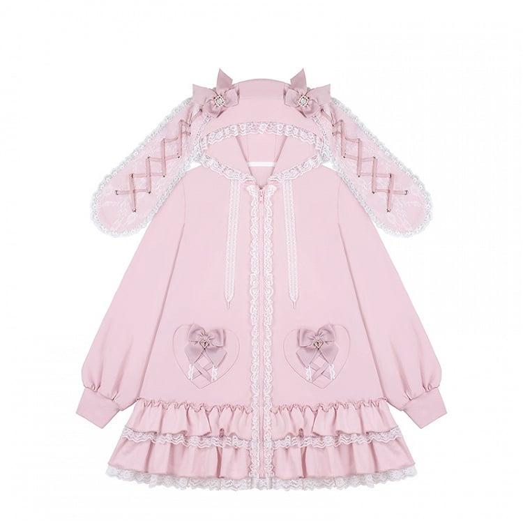 Sweet Pink Jirai Kei Bunny-Eared Hoodie Dress | Tiered Ruffles & Heart Pockets