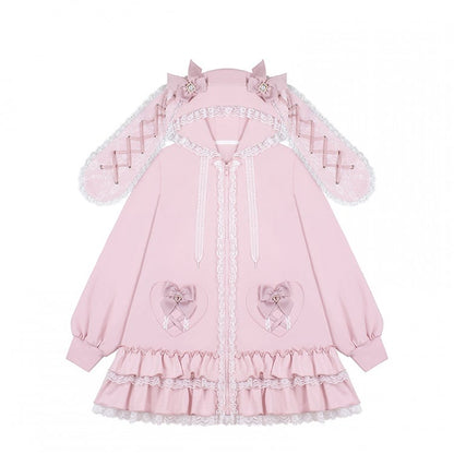 Sweet Pink Jirai Kei Bunny-Eared Hoodie Dress | Tiered Ruffles & Heart Pockets