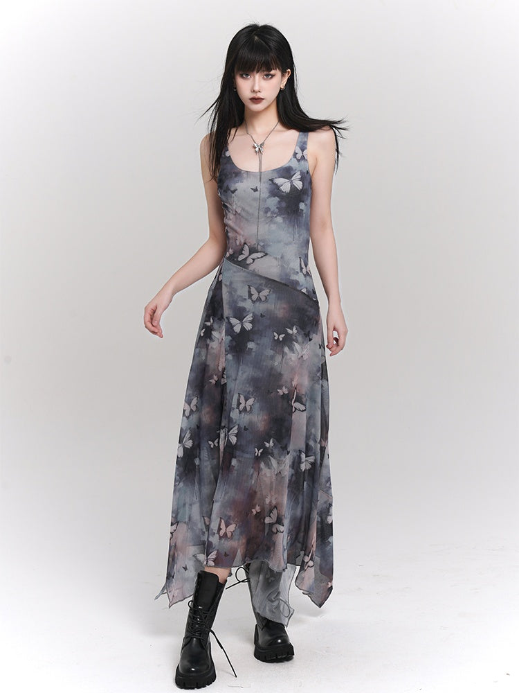 Blue & Purple Butterfly Print Asymmetrical Hem Sleeveless Dress