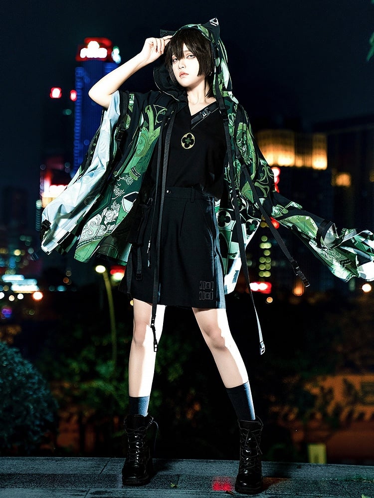 Black Ouji Fashion Buckle Strap V-neck Techwear T-shirt