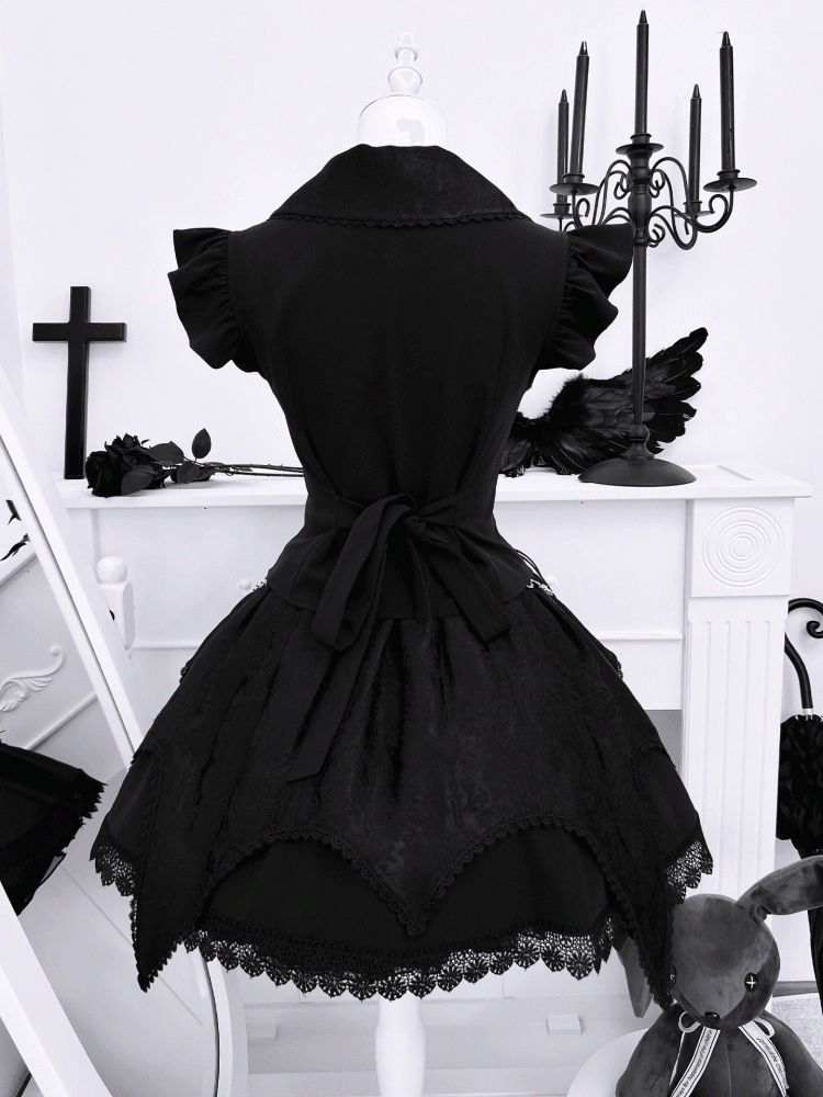 Pointed Flat Collar Flutter Sleeves Sleeveless Top with Cross Embellished Skirt Black Gothic Set