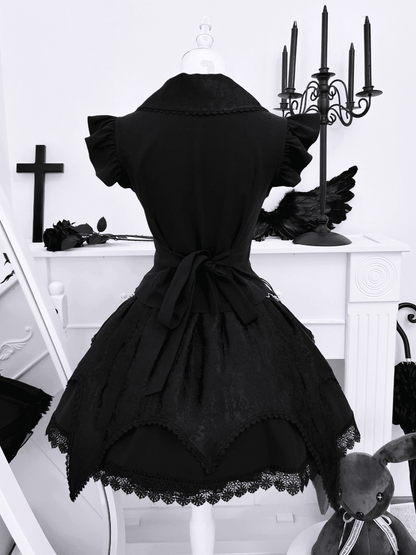 Pointed Flat Collar Flutter Sleeves Sleeveless Top with Cross Embellished Skirt Black Gothic Set