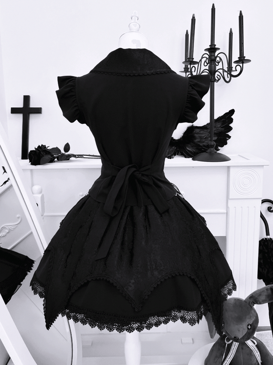 Pointed Flat Collar Flutter Sleeves Sleeveless Top with Cross Embellished Skirt Black Gothic Set