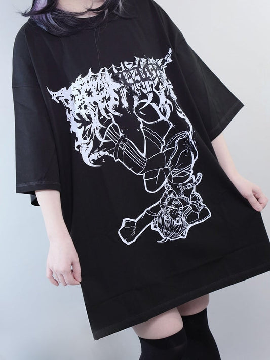 Black Jirai Kei Cartoon Girl Print Round Neck T-shirt