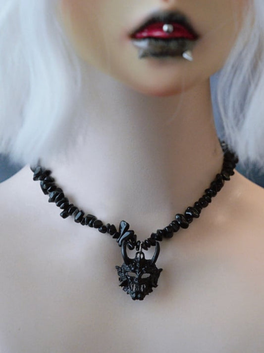 Black Gothic Demon Mask Pendant Crushed Stone Necklace