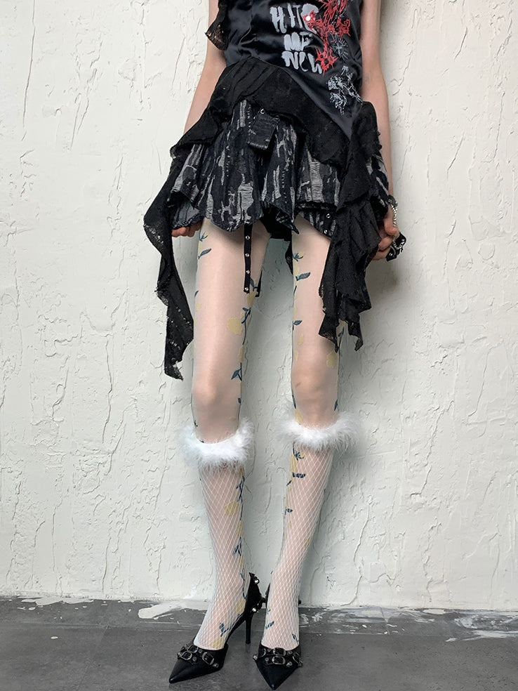 White Y2K Floral Pattern Tights