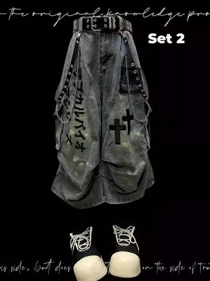 Wasteland Punk Light Blue Cross Appliques Distressed Wide-leg Cargo Jeans