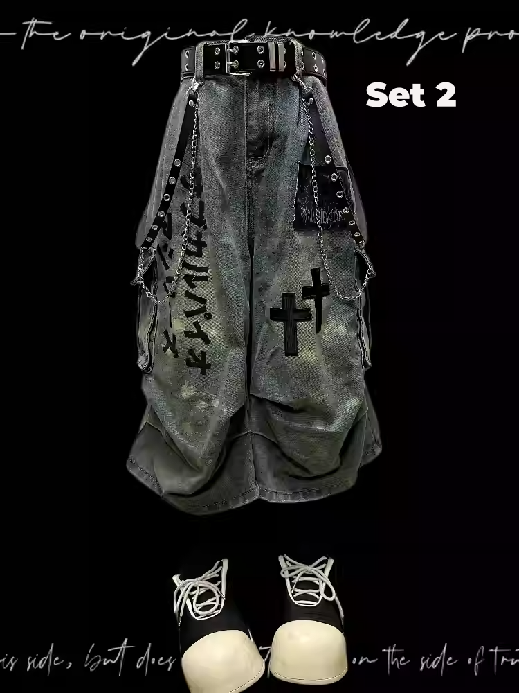 Wasteland Punk Light Blue Cross Appliques Distressed Wide-leg Cargo Jeans