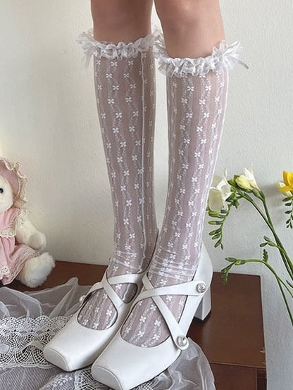 White/Beige/Black Floral Lace Trim Lolita Under-Knee Stockings