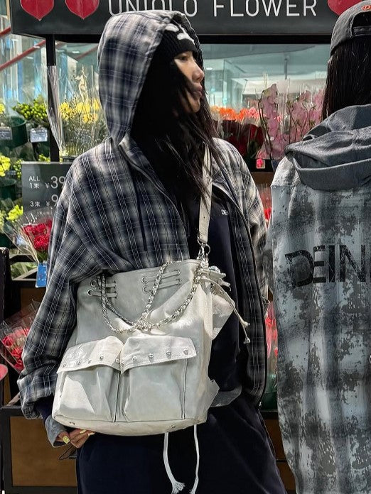 2-Way White Backpack With Drawstring Closure And Chain Straps