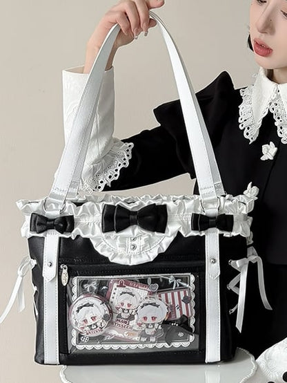 Black&White Bowknot Details Ruffles Trim Lace-up Design Ita Bag