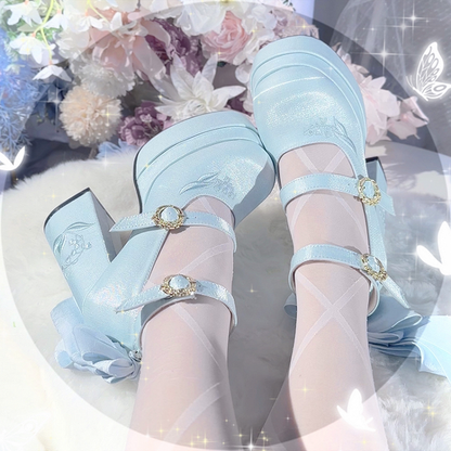 Light Blue Detachable Bowknot Lily of the Valley Embroidery High Block Heel Platform Mary Janes