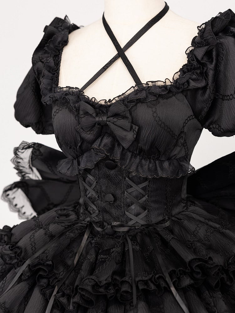 Black Princess Corset Waist Dress Ruffle Skirt Lolita OP with Big Bow at Back