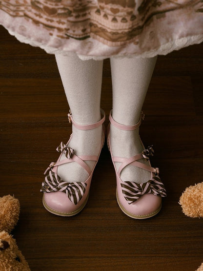 Pink&Brown Striped Pattern Bow at Top Crisscross Design Heart Buckles Lolita Shoes