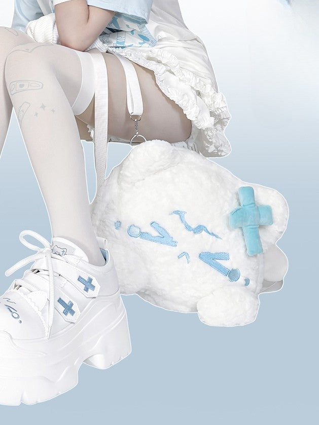 White Plush Crying Kitty Backpack