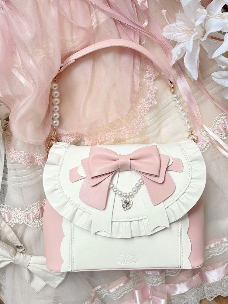 Elegant Lolita Pink & White Hand/Crossbody Bay - Crystal Heart Charm with Beaded Chain Bow & Dual Detachable Straps