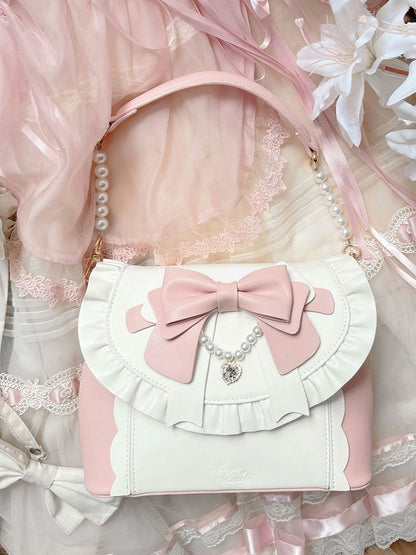 Elegant Lolita Pink & White Hand/Crossbody Bay - Crystal Heart Charm with Beaded Chain Bow & Dual Detachable Straps