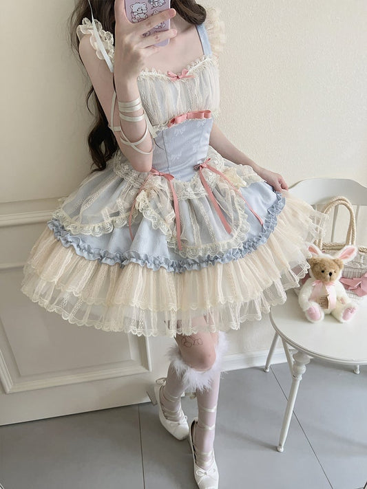 Blue Balletcore Small Bows Fabric Short Dress Lolita Jumper Skirt