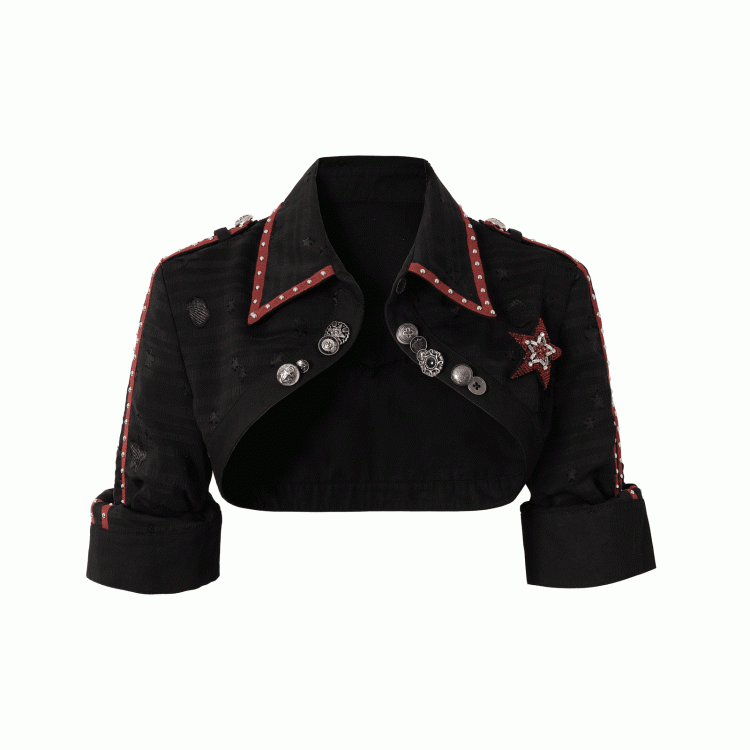 Black/White Pointed Flat Collar Studs and Metal Buttons Open Placket Navycore Top