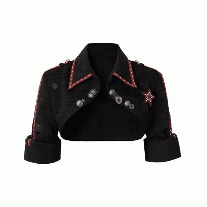 Black/White Pointed Flat Collar Studs and Metal Buttons Open Placket Navycore Top