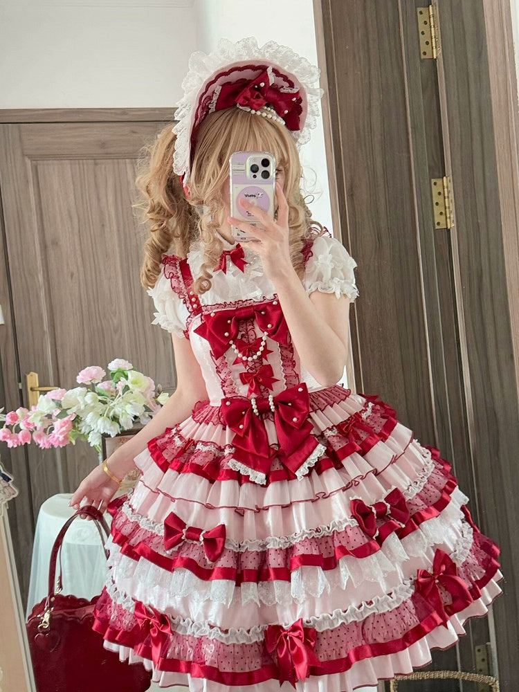 Clearance-Size M for Bust 86-91CM Pink and Red Sweet Bows Decorated Tiered Ruffles Skirt Old School Lolita Dress