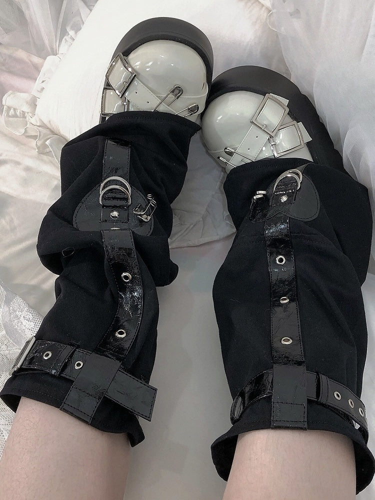 Black Punk Buckles Decorated Pin Details Leg Warmers