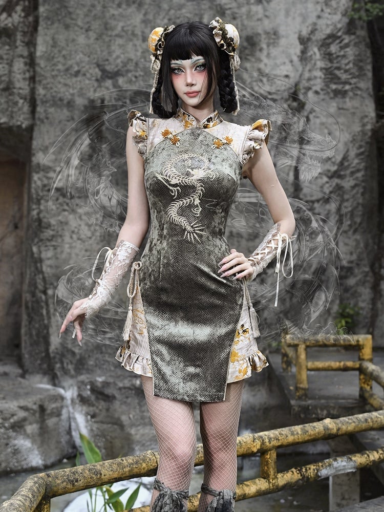 Summer New Arrival Dragon Embroidery Goth Qipao Dress Dusty Green and Yellow