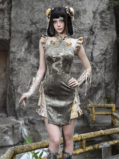 Summer New Arrival Dragon Embroidery Goth Qipao Dress Dusty Green and Yellow