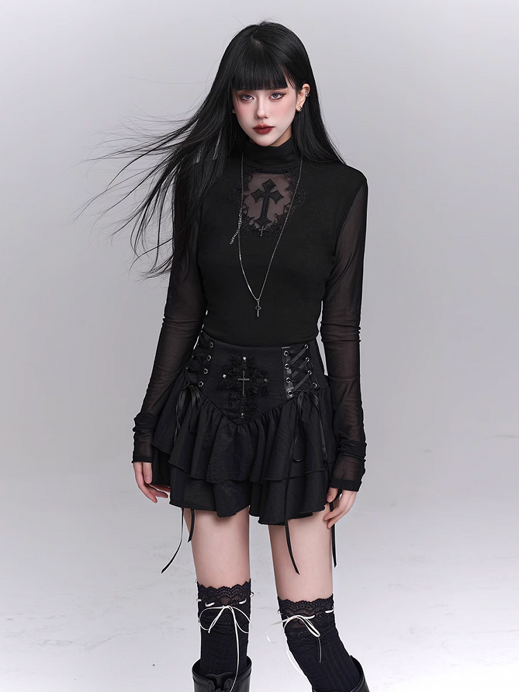 Black Mock Neck Coffin-shaped Cutout Cross Applique Mesh Sleeves Gothic Top