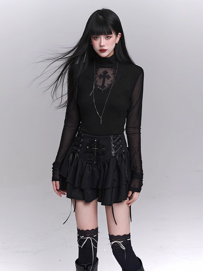 Black Mock Neck Coffin-shaped Cutout Cross Applique Mesh Sleeves Gothic Top
