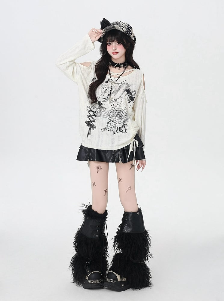 Criss-cross Design Neckline Cutout Shoulder Splash Ink Print Distressed Holes Apricot Top