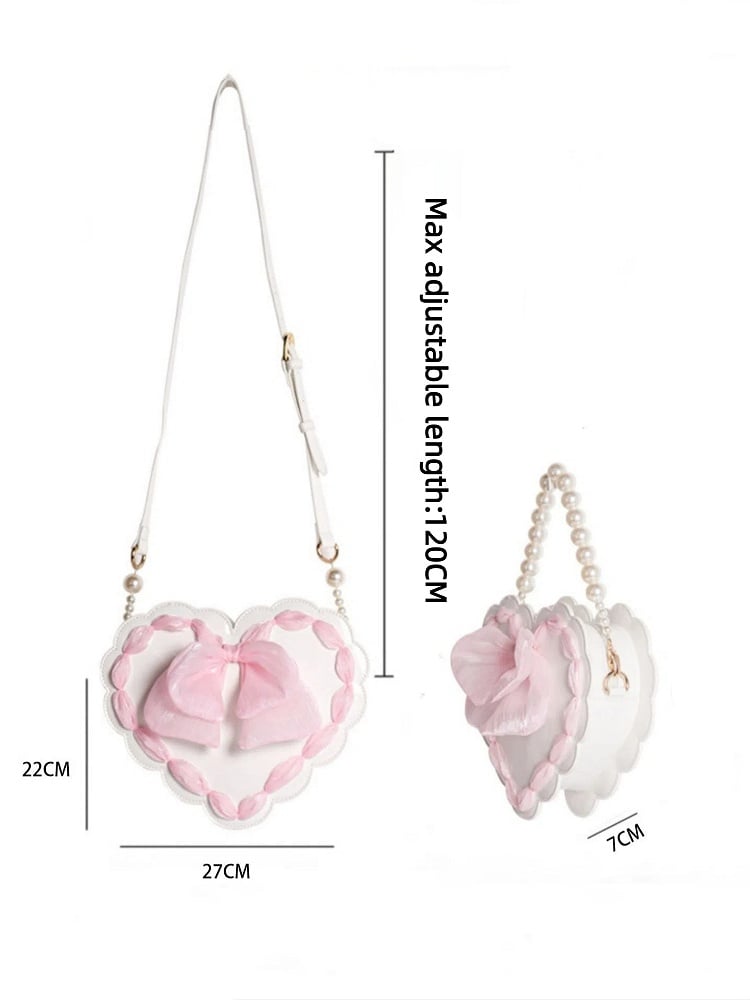 Lolita Heart-Shaped Pearl Handle Bag with Bow Detail & Adjustable Strap Two Colors Available
