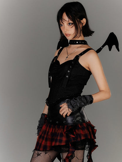 Y2K Asymmetrical Ruffled Red Plaid Hem Black PU Punk Skirt