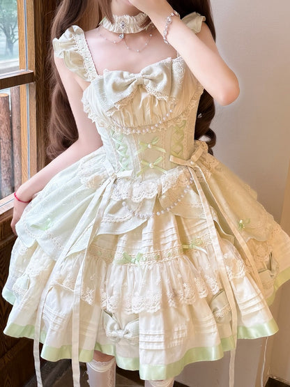 Bowknots and Beads Decoration Mint Green Flutter Sleeves Balletcore Sweet Lolita Jumper Skirt