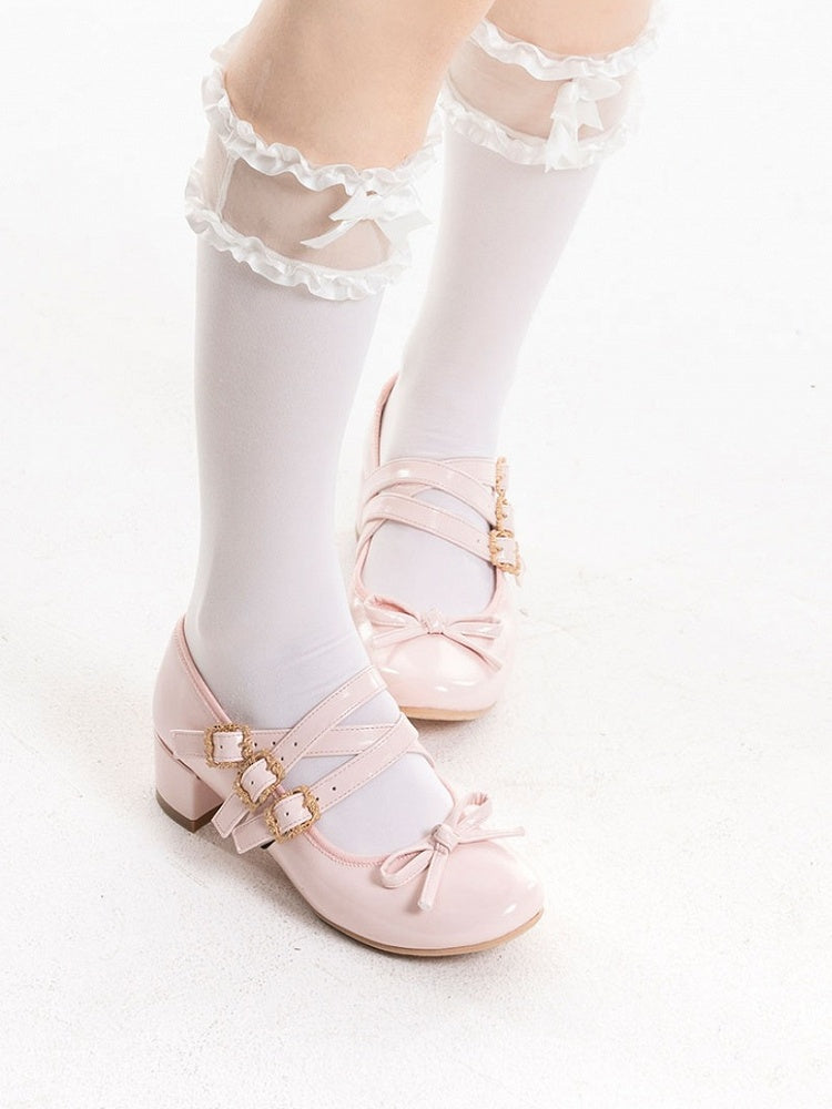 Pink Bow at Top Crisscross Design Lolita Shoes with Detachable Bowknots