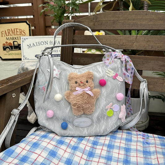 Silver Y2K Plush Teddy Bear Backpack/Shoulder Bag - Sweet-Edgy & Spacious for Commutes