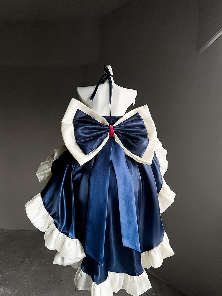 Blue & White Basque Waist Sweet Lolita Dress with Large Bow and Red Ribbon Accents