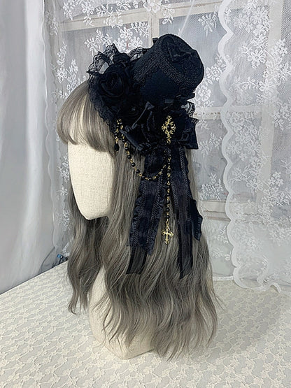 Cross Chains Gothic Black Floral Design Gorgeous Bowknots Mini Hat
