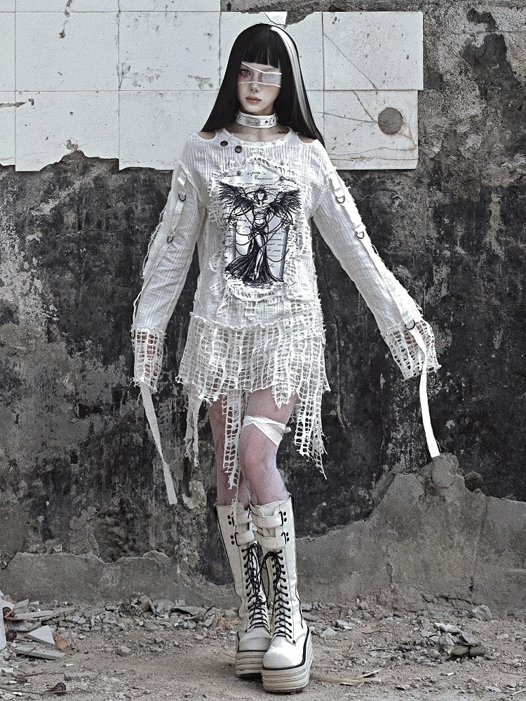 White Angel Print Cutout Shoulders Punk Oversize Sweat Shirt