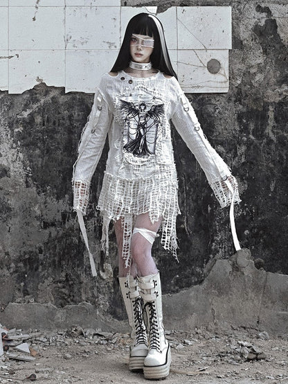 White Angel Print Cutout Shoulders Punk Oversize Sweat Shirt