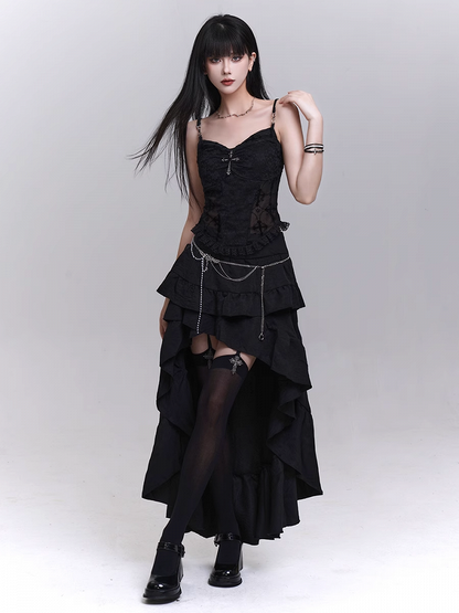 Black Lace Patches Waist Cross Decorated Cami Top with Beaded Chains