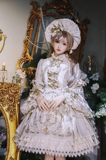 Candle and Candlestick Embroidery Cream Bell Sleeves Velvet Dress Lolita OP / Set