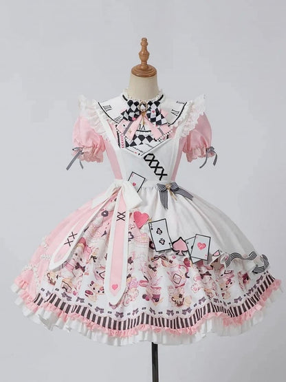 Alice in Wonderland Vibes Pink Bunny and Teapot Print Apron Dress Sweet Lolita OP / Full Set