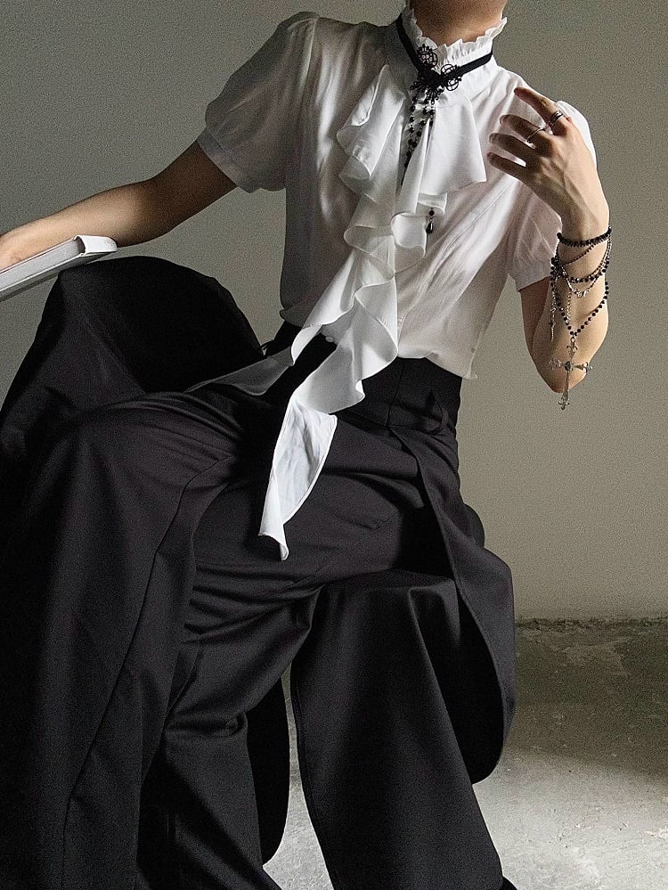 Ouji Lolita Vintage White Bishop Sleeve Shirt with Cascading Ruffle Placket & Detachable Lace Necklace