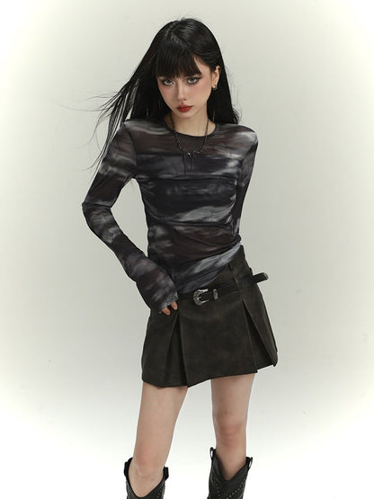 Black Round Neck Tie Dye Slim-fitting Top