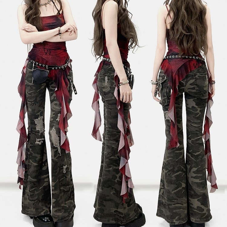 Army Green Camo Pattern Distressed Holes Details Flare Silhouette Jeans