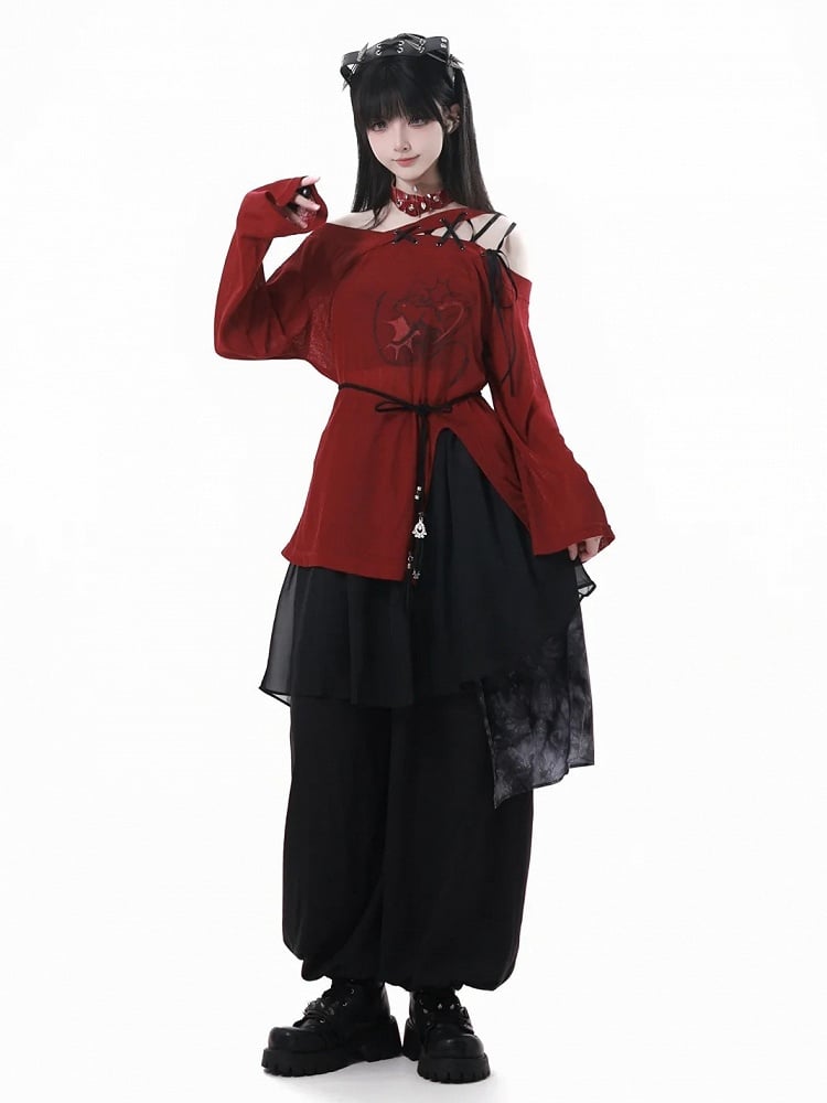 Lace-up Asymmetrical Neckline Red Slit Hem Graphic Coverup