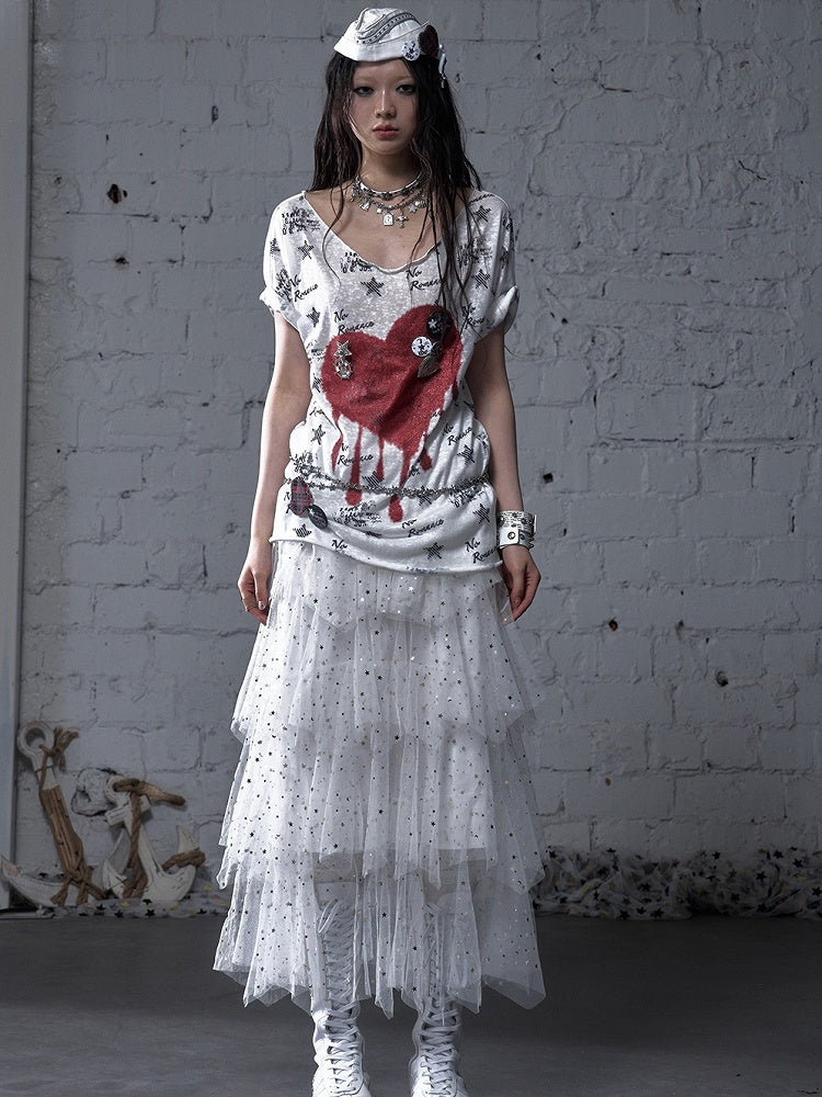 Black/White/Apricot Elastic Waist Sequin Details Tiered Mesh Skirt