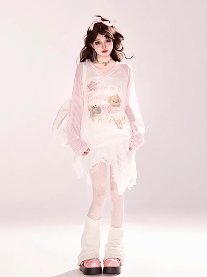 Adorable Bear Print Pink Colorblock Design V-neck Semi-sheer Coverup